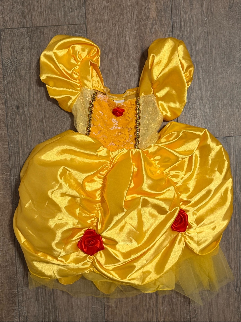 Yellow Princess Ball Gown Costume with Red Rose Accents